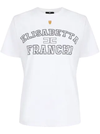 【関税・送料込み】ELISABETTA FRANCHI WHITE COTTON T-SHIRT Elisabetta Franchi Cotton T-Shirt With Logo Patch in White