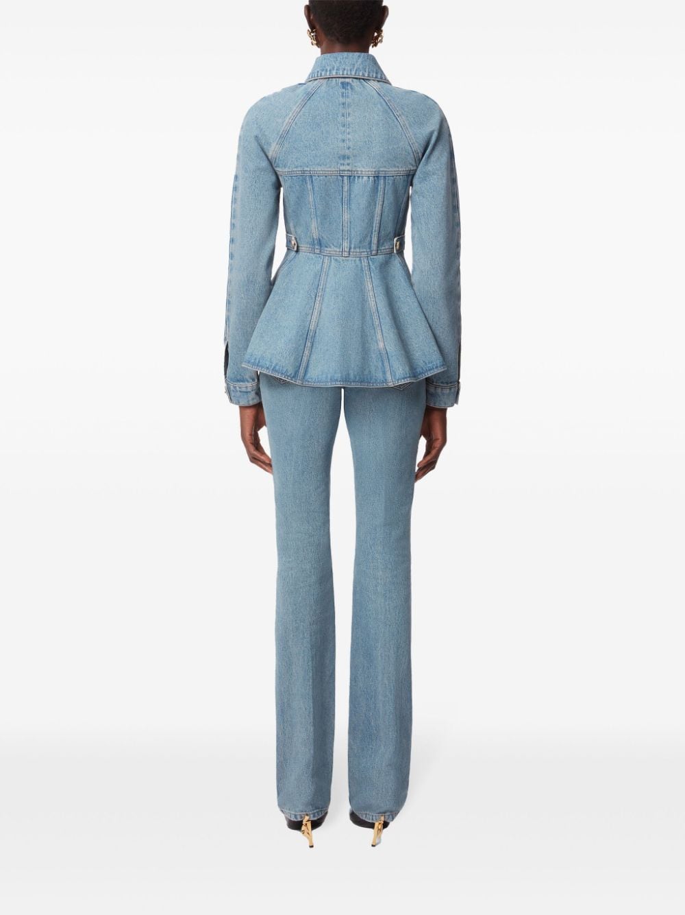 Shop Nina Ricci Peplum Denim Jacket In Blue