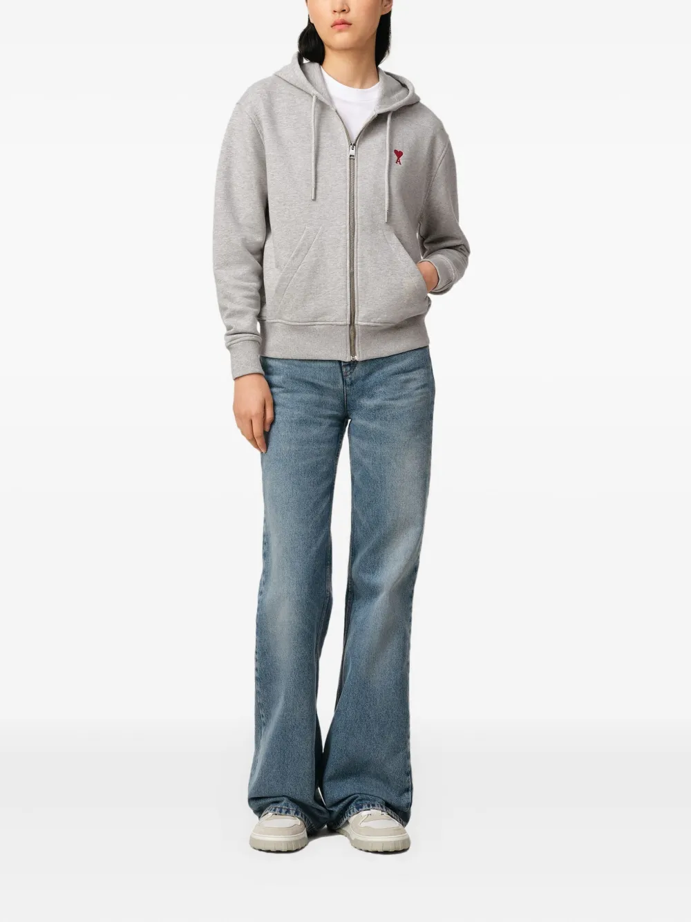 AMI｜HOOD/ZIP-UP (BFUSW435 730 0951) Heather Ash Grey Red Ami De Coeur Zipped Hoodie | AMI PARIS
