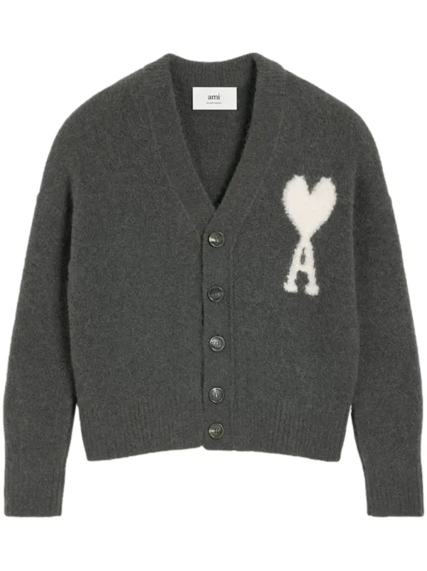 AMI Paris Ami De Coeur V-neck Cardigan Grey FARFETCH IN