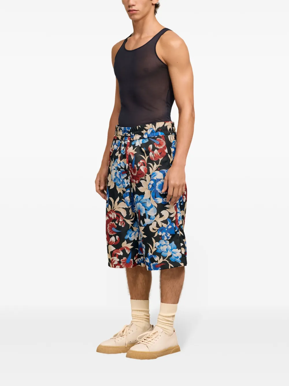 Ami Alexandre Mattiussi Floral-print Elasticated-waist Shorts In Black