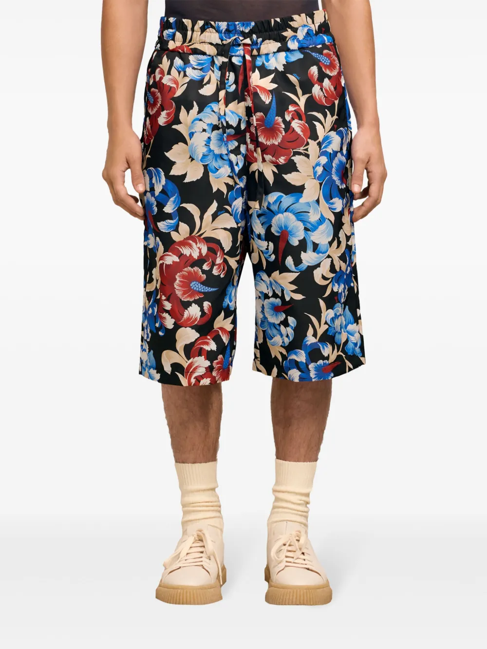 Ami Alexandre Mattiussi Floral-print Elasticated-waist Shorts In Black