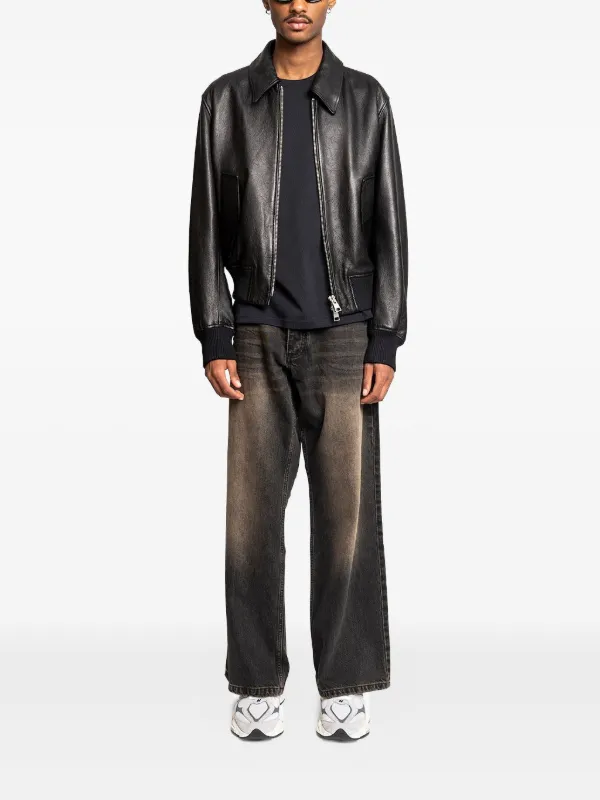 AMI Paris embroidered-logo Leather Jacket | Black | FARFETCH