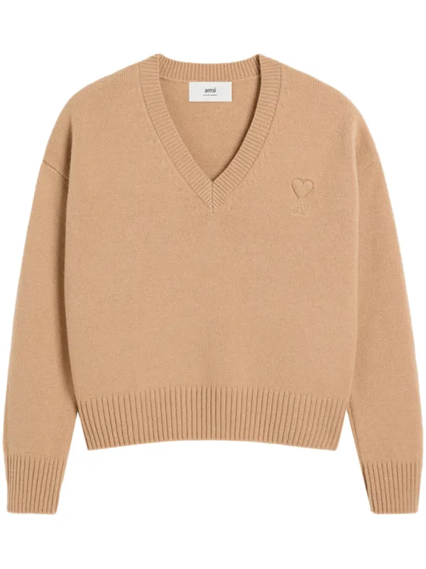 Ami Paris Ami De Coeur V-neck Jumper in Neutrals