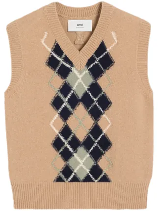 AMI Paris アーガイル ニットベスト | ニュートラル | FARFETCH JP