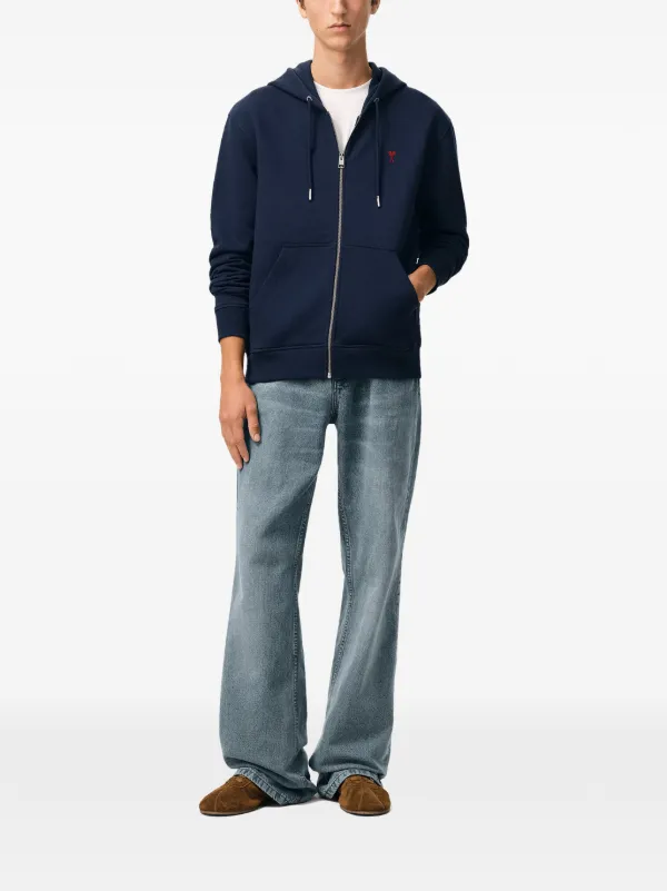 AMI Paris Blue Zipped Cotton Hoodie With Ami De Coeur | Blue