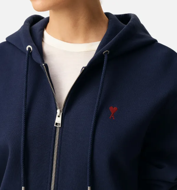 AMI Paris Blue Zipped Cotton Hoodie With Ami De Coeur | Blue
