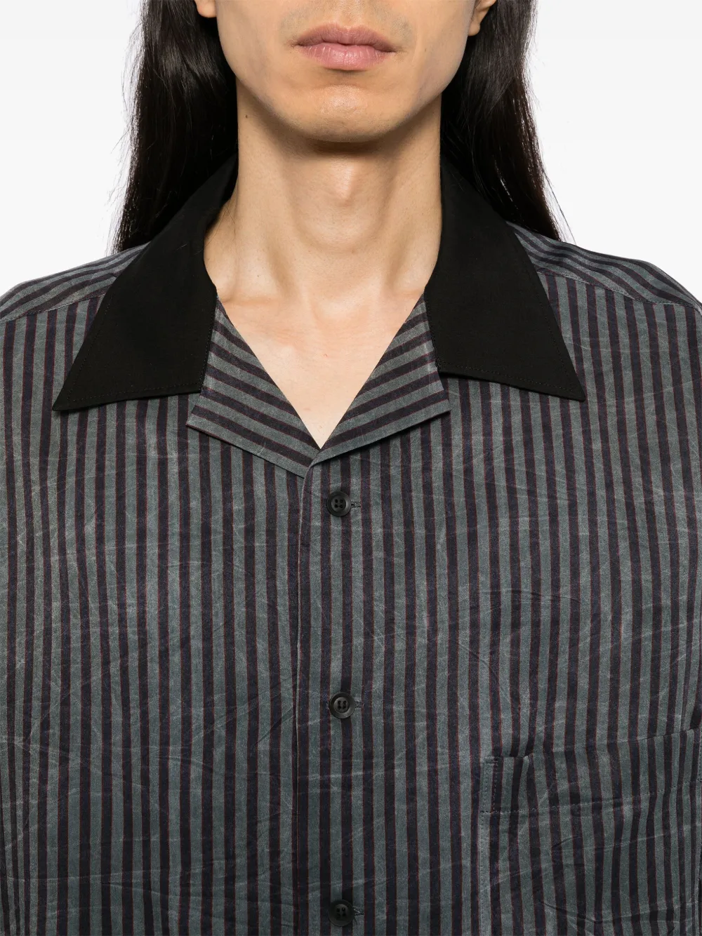 Yohji Yamamoto Gestreept overhemd met open kraag Zwart