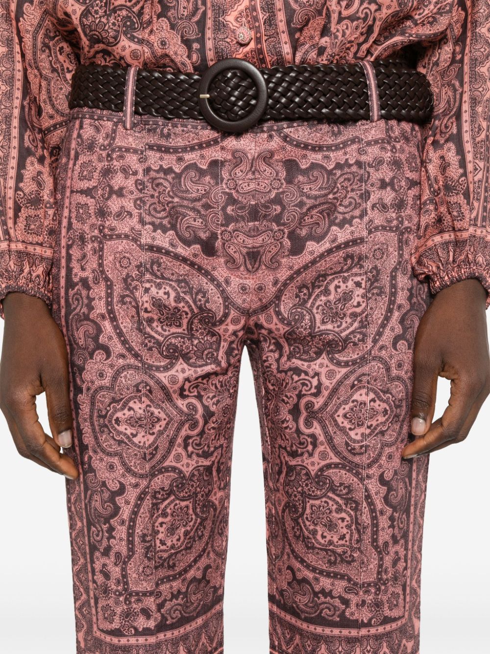 Shop Zimmermann Ottie Paisley-print Flared Trousers In Pink