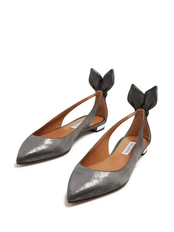Aquazzura Bow Tie Leather Ballerina Shoes | Grey | FARFETCH
