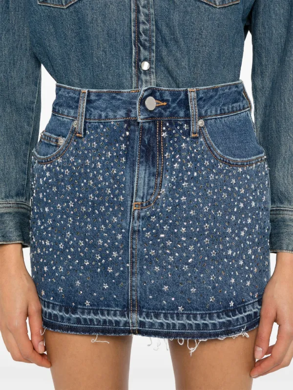 公式【1JINN STUDIO】 Retro Rivet Embellished Denim Skirt RAVE R4R Blue Denim Rhinestone Embellished Mini Skirt Junior