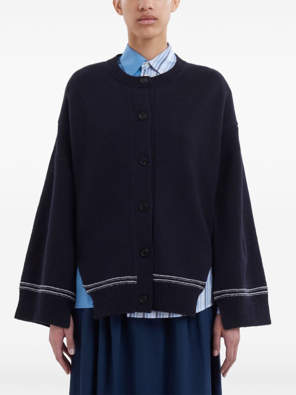 Shop Marni Intarsia-knit Logo Cardigan In Blue