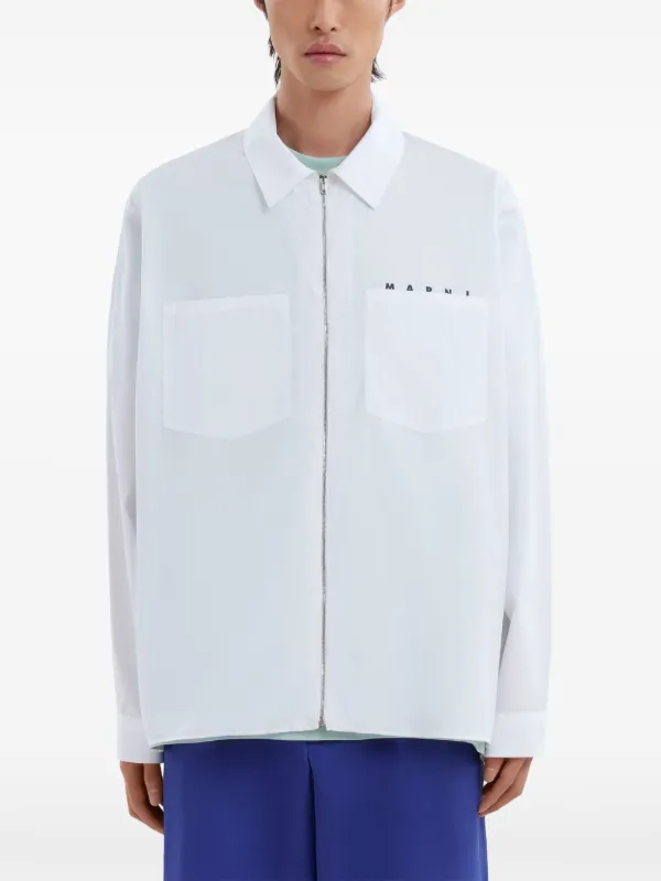 【送料&関税込】Marni Shirt In White Cotton Marni logo-print zip-up Cotton Shirt | White | FARFETCH