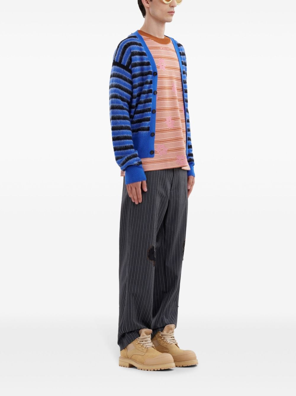 Shop Marni Striped V-neck Cardigan In Blue