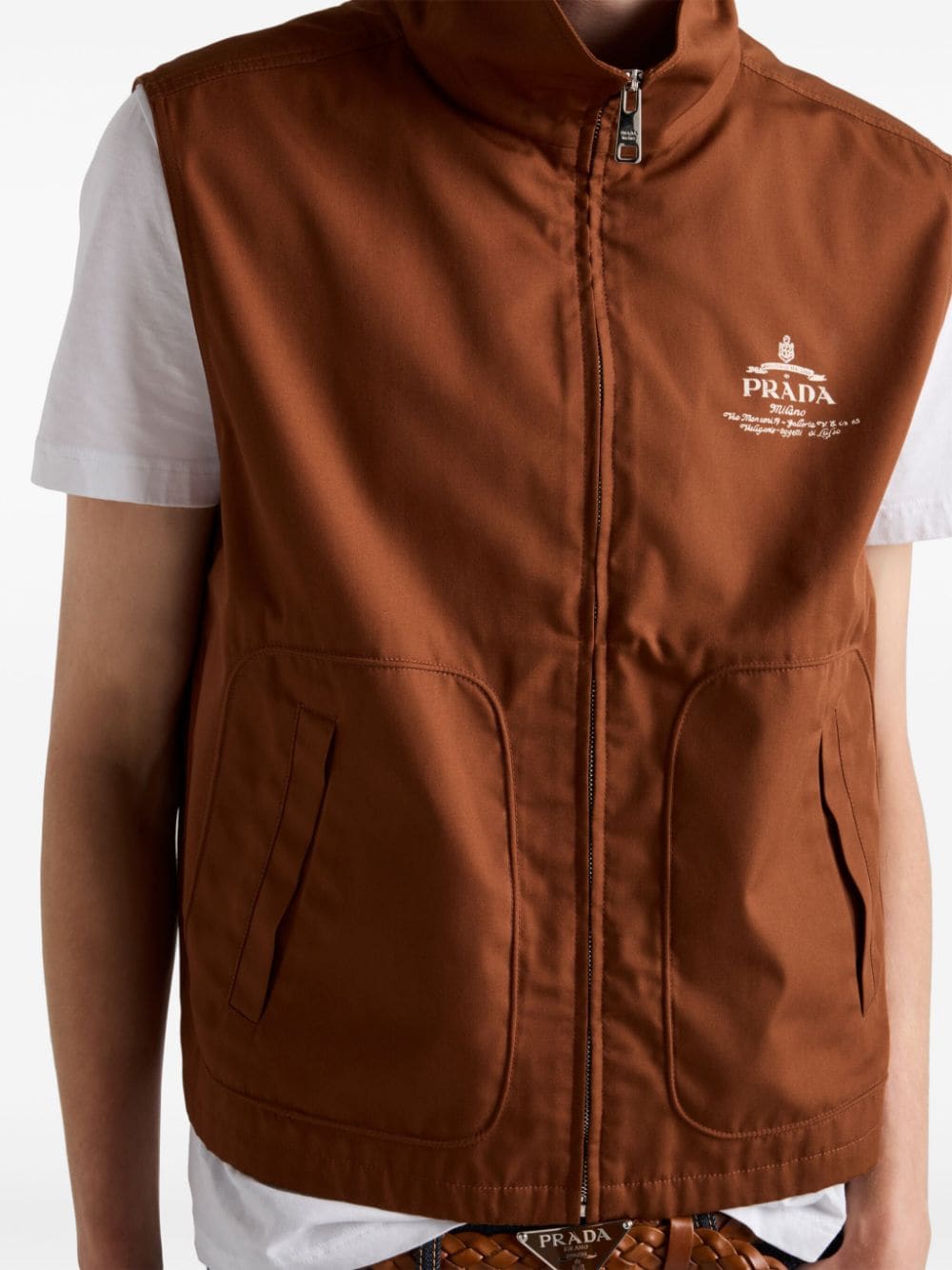 Shop Prada Logo-print Zip-up Vest In Brown