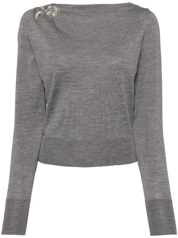 Erdem Glass Crystal Embellishment Wool Knitted Top in Grey