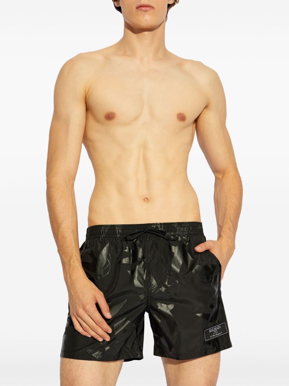 Shop Balmain Graphic-print Swim Shorts In Black