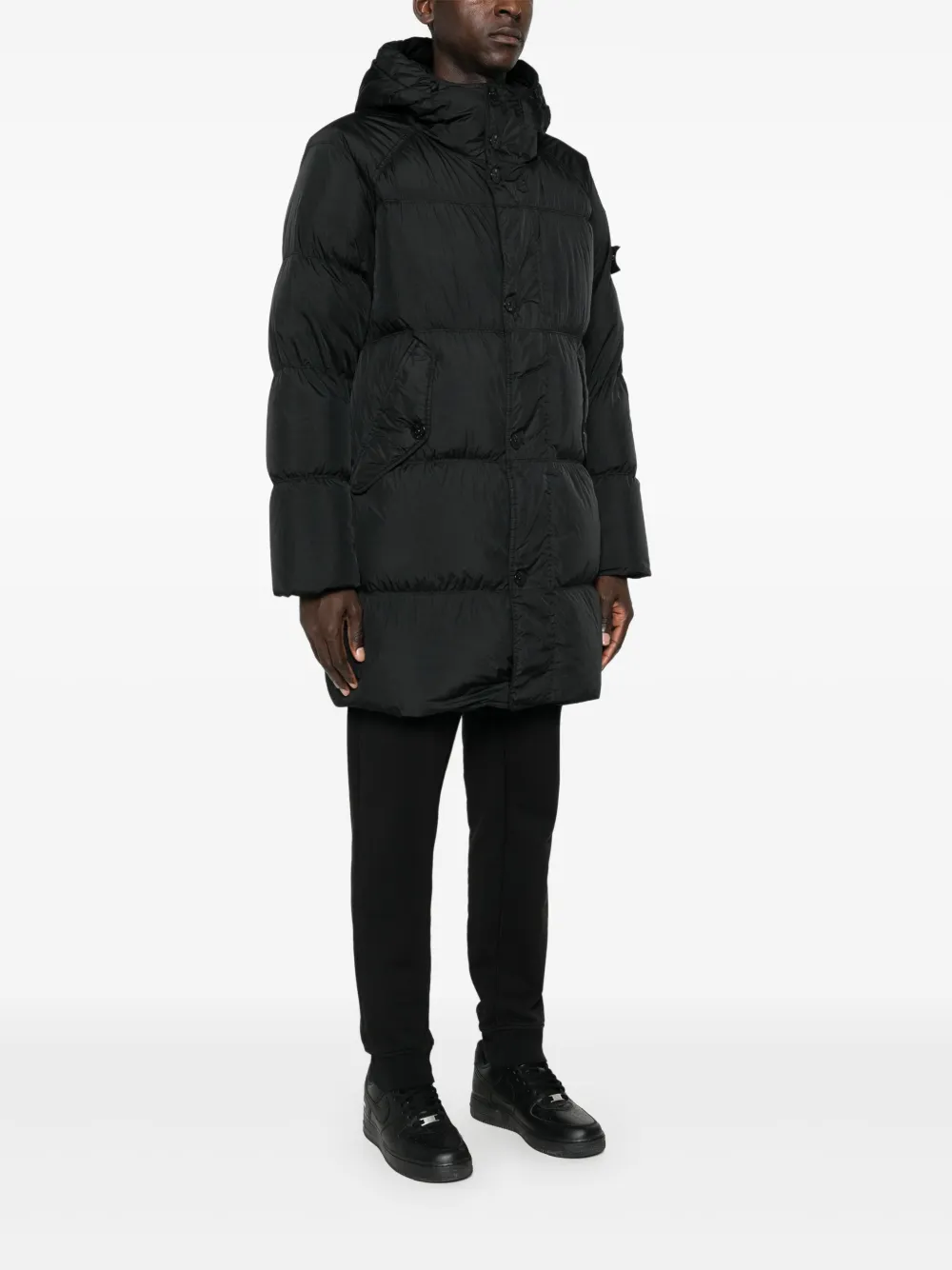 Stone Island Gewatteerde jas met capuchon en Compass-logopatch Zwart