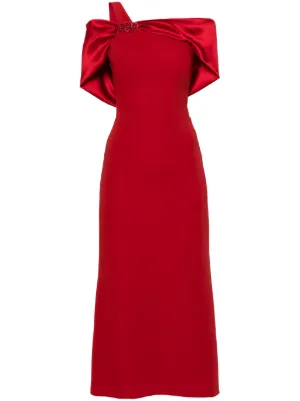 badgley mischka red off the shoulder dress Red Off-the-Shoulder Ruffle Gown