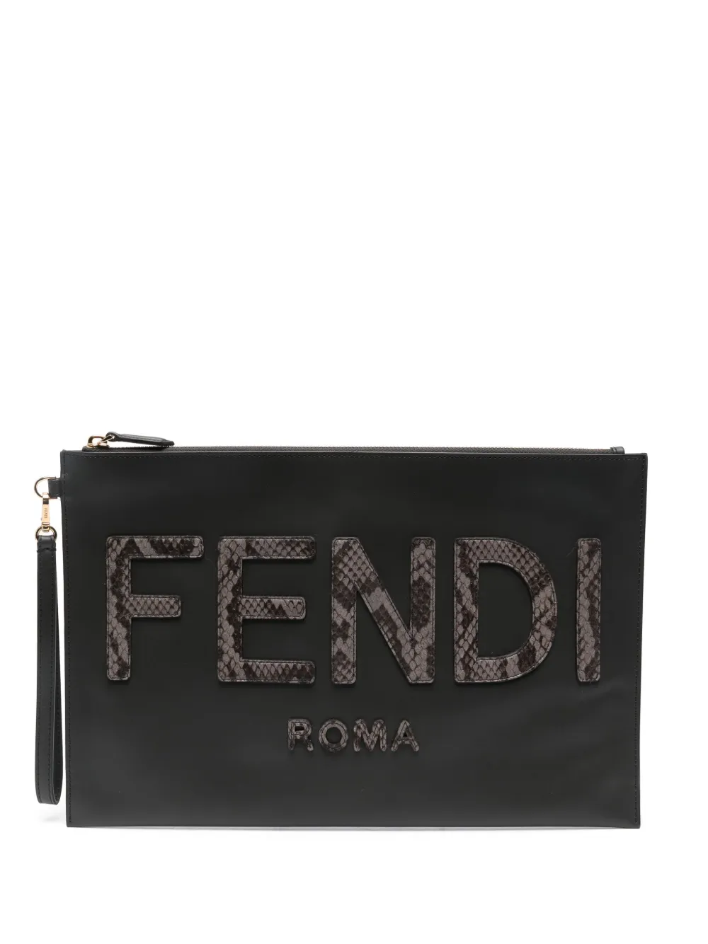 FENDI Leren clutch met logo-applicatie Grijs