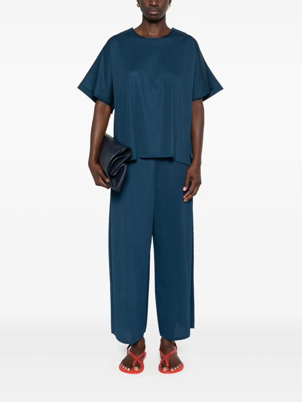 Pleats Please Issey Miyake A-Poc Form ribbed cropped trousers - Blauw