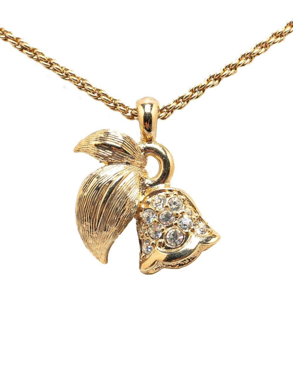 Pre-owned Dior 21th Century Flower Rhinestone Pendant Costume Necklace In Gold