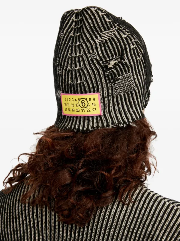MM6 Maison Margiela distressed-effect Ribbed Beanie | Black | FARFETCH