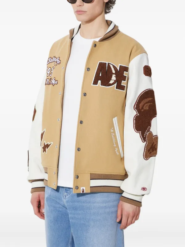 A BATHING APE® appliqué-detail Varsity Jacket | Neutrals | FARFETCH