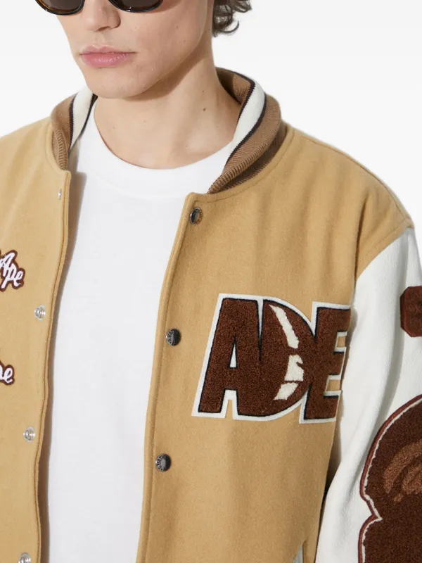 【A・BATHING APE】BOARD JACKET brown L Wool/Leather Full-Snap A Bathing Ape Bape Varsity Jacket Brown