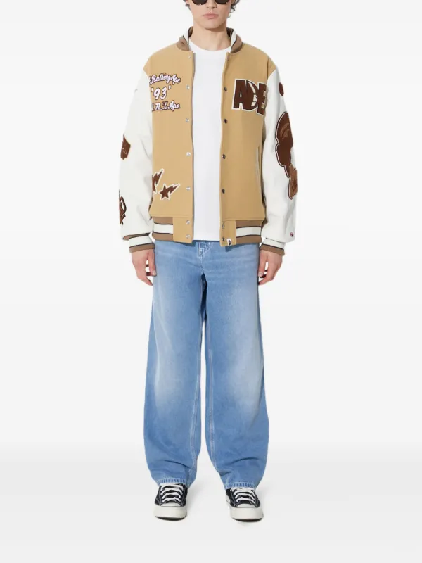 A BATHING APE® appliqué-detail Varsity Jacket | Neutrals | FARFETCH