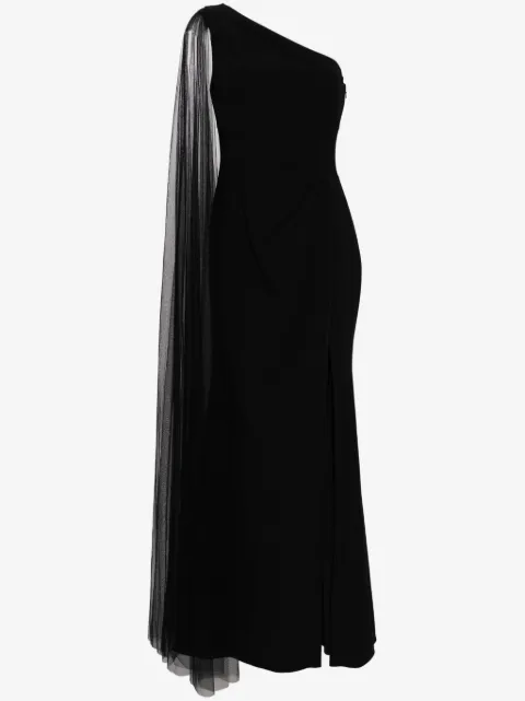 Marchesa Notte one-shoulder cape gown