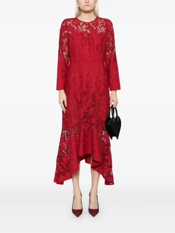 Marchesa Rosa Asymmetric Lace Maxi Dress | Red | FARFETCH ID