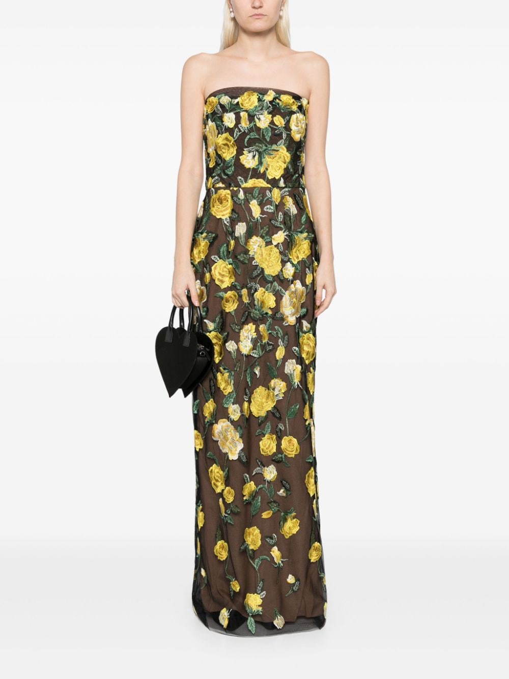 Marchesa Notte floral-embroidered tulle-panels gown - Zwart