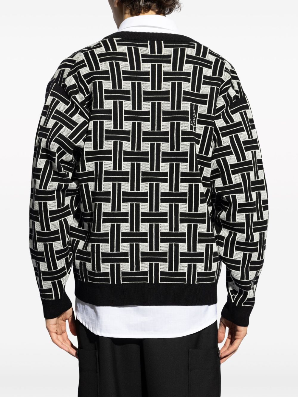 Shop Kenzo Geometric-intarsia V-neck Cardigan In Black