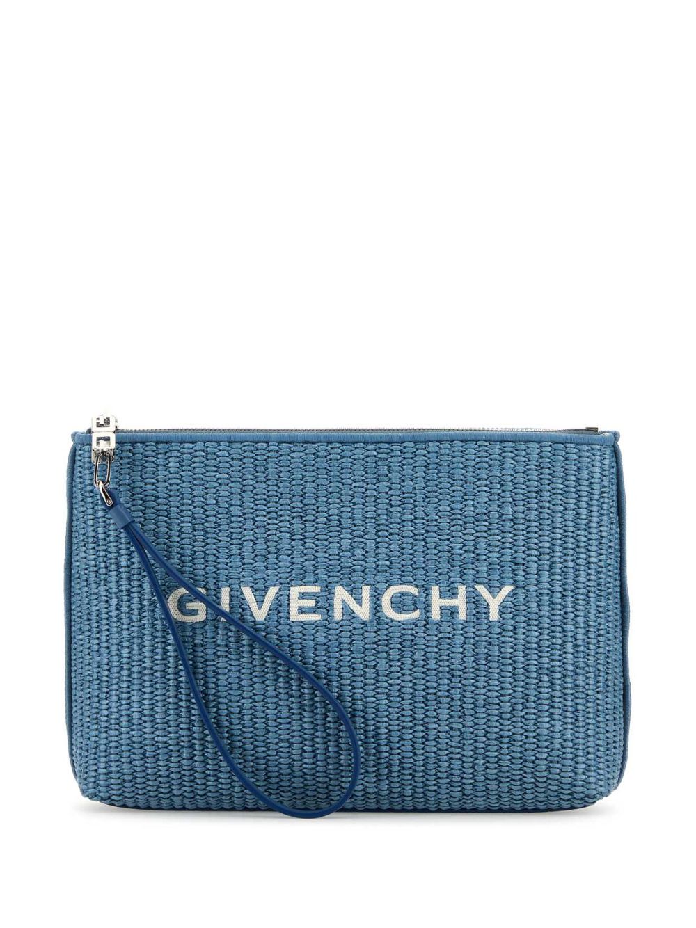 Givenchy logo-embroidered raffia-effect clutch bag - Blue