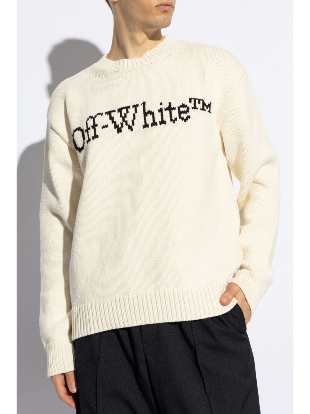 Shop Off-white Logo-intarsia Cotton-knit Jumper In Neutrals