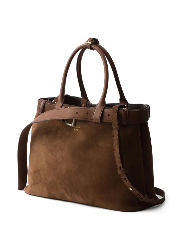 トートバッグ PRADA Brown Suede Prada Buckle Large Handbag Prada Buckle Tote Bag | Brown | FARFETCH PL