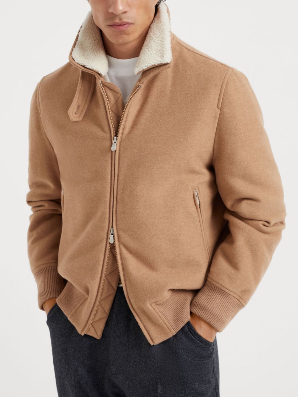 Shop Brunello Cucinelli Shearling-collar Jacket In Brown