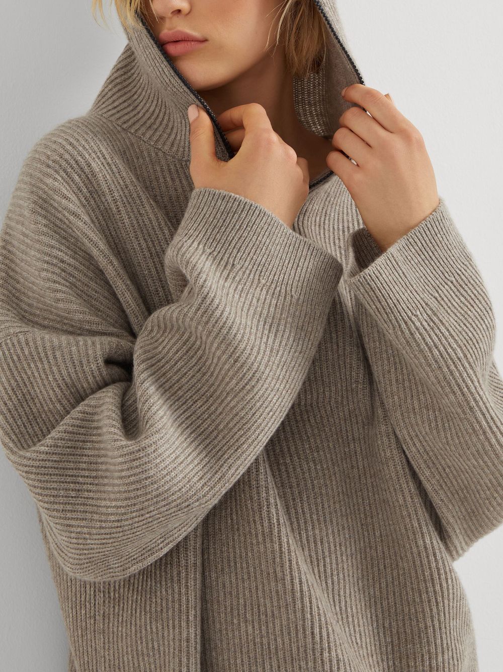 Shop online for discounts Brunello Cucinelli hooded ribbed knit cashmere sweater Women