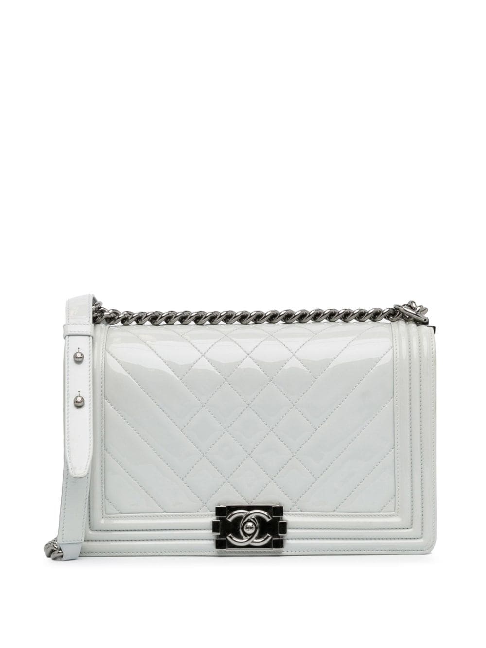 Pre-owned Chanel 2014 Medium Patent Boy Flap Crossbody Bag In White