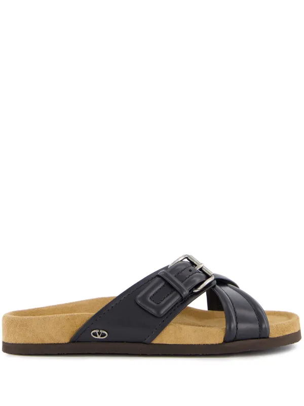 サンダル・ミュール VALENTINO GARAVANI Black Leather Fussfriend Slippers Valentino Garavani Fussfriend Calfskin Leather Slide Sandals