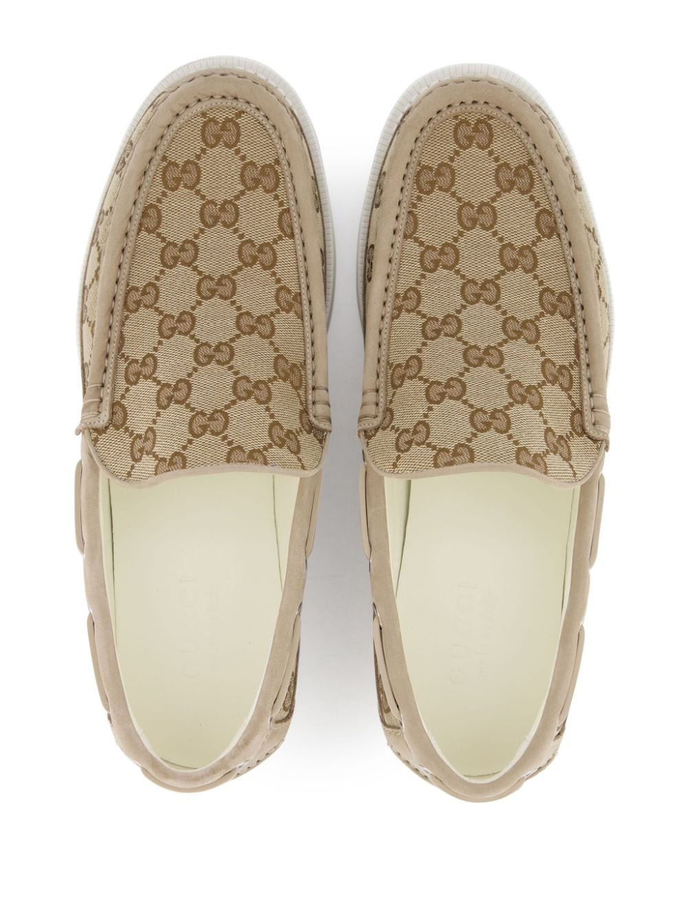 Shop Gucci Gg Canvas Leather Loafers In Neutrals