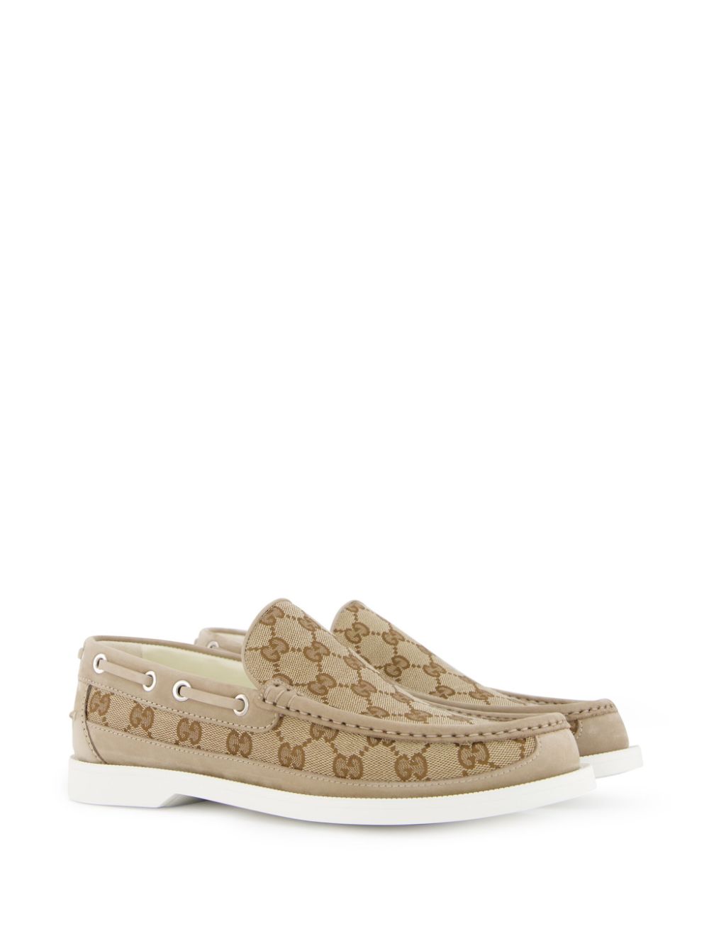 Shop Gucci Gg Canvas Leather Loafers In Neutrals