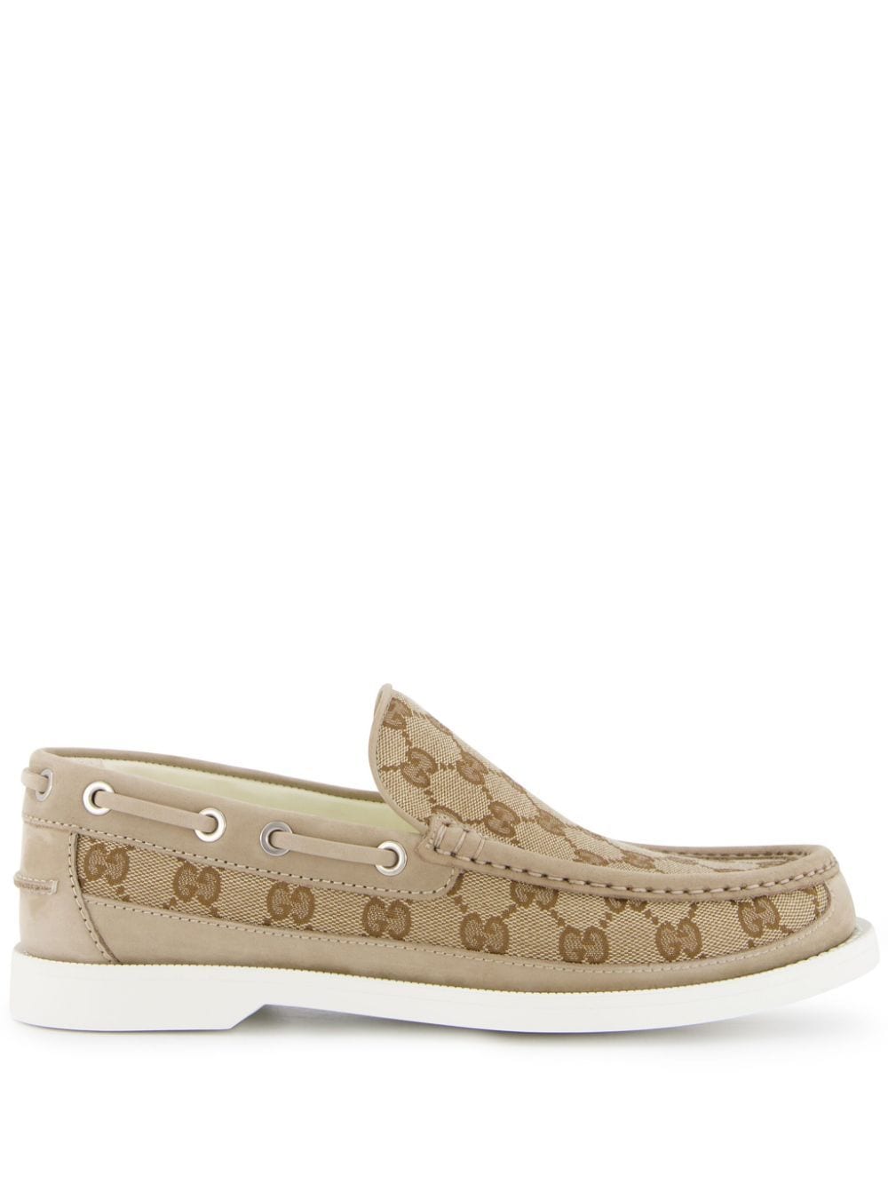 Shop Gucci Gg Canvas Leather Loafers In Neutrals