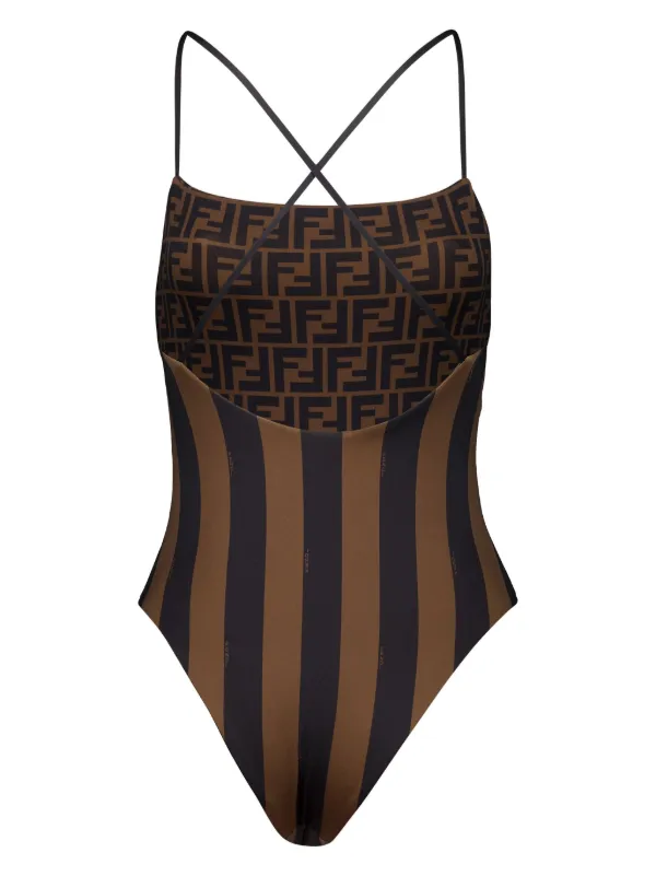 FENDI logo print Reversible Swimsuit Brown FARFETCH TR