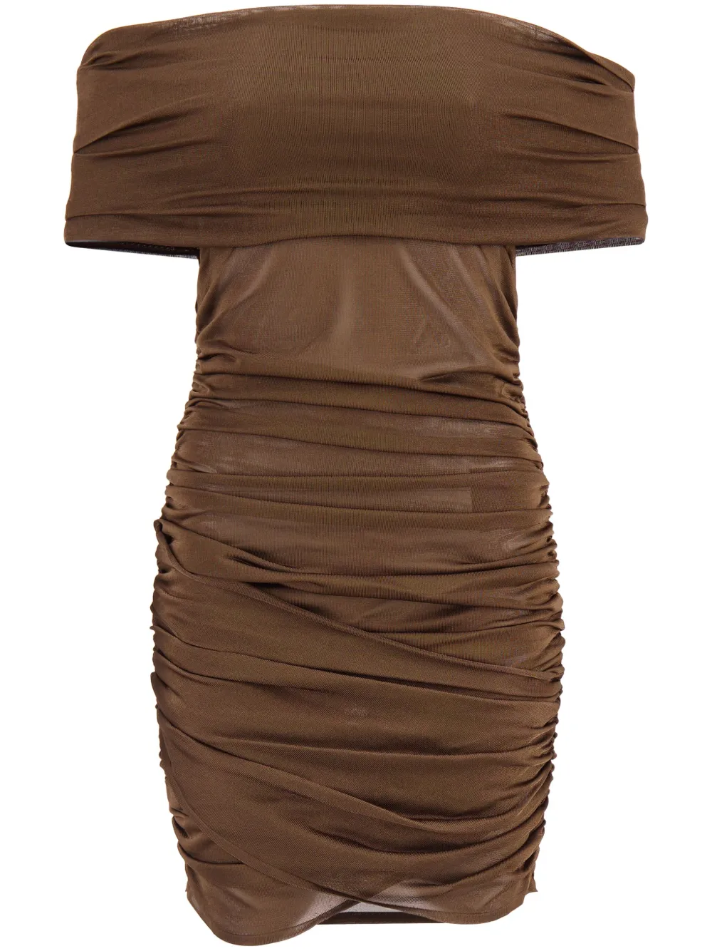 Saint Laurent Off-shoulder Ruched Mini Dress In Brown