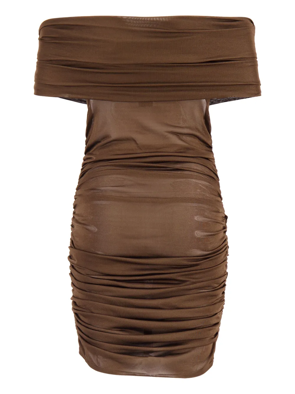 Saint Laurent Off-shoulder Ruched Mini Dress In Brown