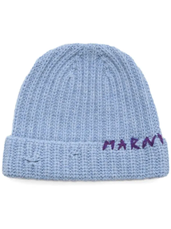 Marni Shetland Wool Beanie with Mending-embroidery in Blue