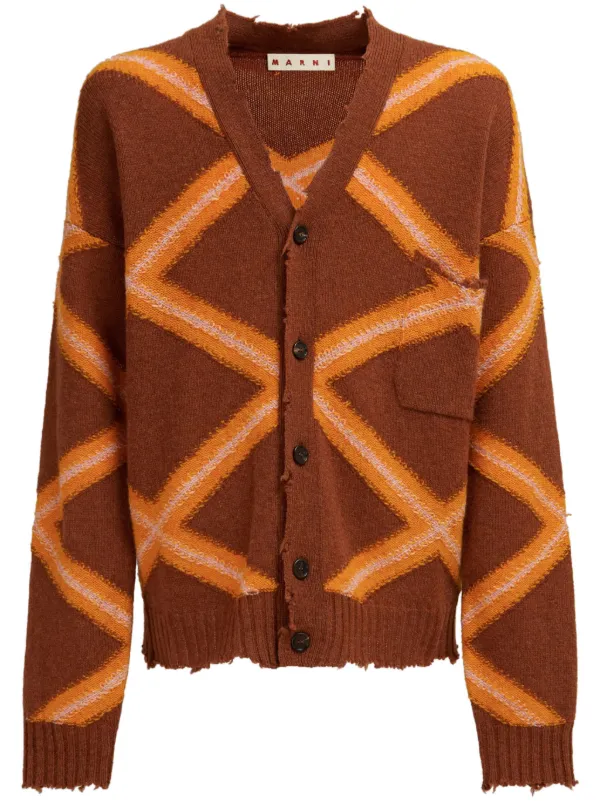 Marni geometric-pattern Virgin Wool Cardigan Brown FARFETCH