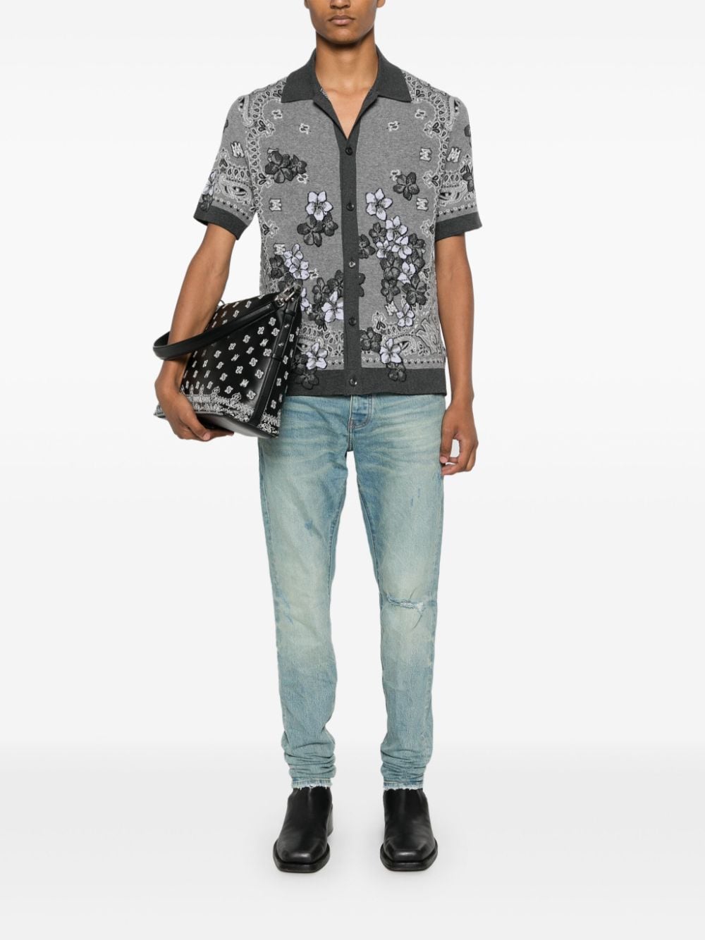 Shop Amiri Floral-jacquard Knitted Shirt In Grey